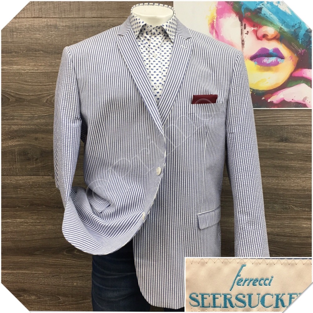 FERRECCI Mens Seersucker Blazer Sport Coat Casual Jacket Size 52R Cotton Suit
